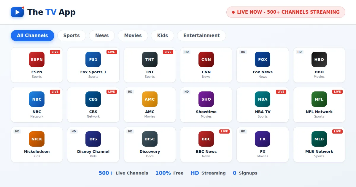 TheTVApp live TV channel guide interface
